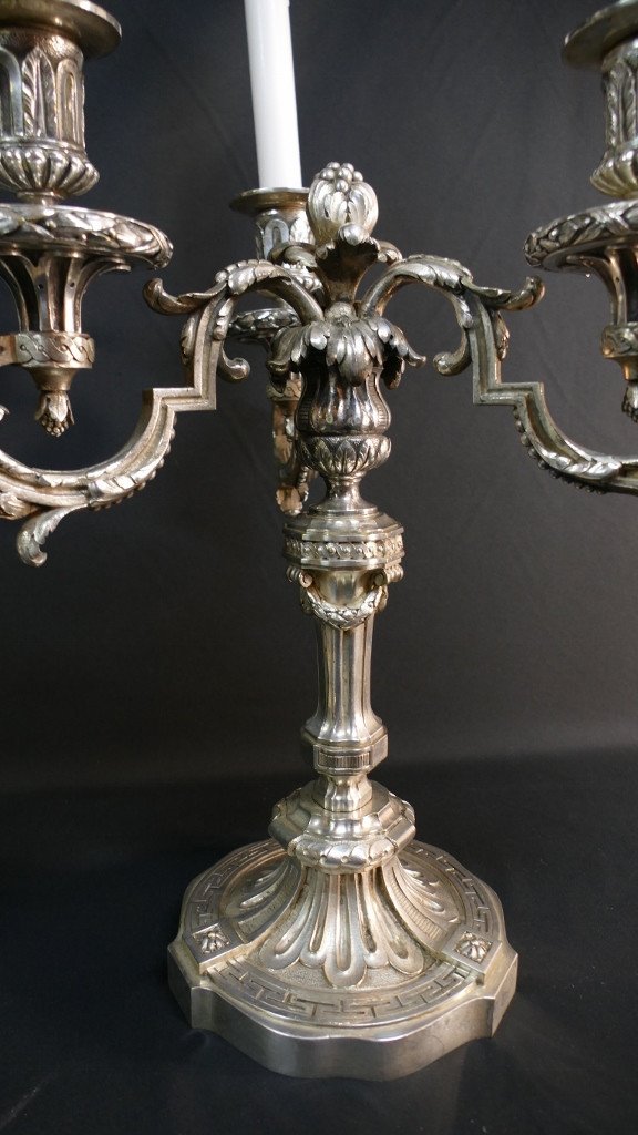 Paire De Chandeliers Louis XVI En Bronze Argenté, époque XIX ème-photo-3