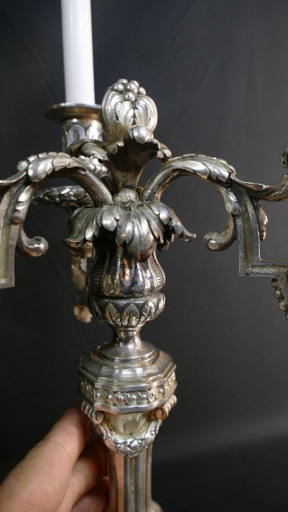 Pair Of Louis XVI Candlesticks In Silvered Bronze, 19th Century-photo-2