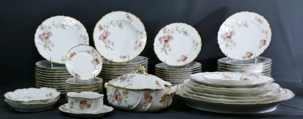 19th Century Table Service, 71 Pieces With Flowers, Martial Redon Limoges