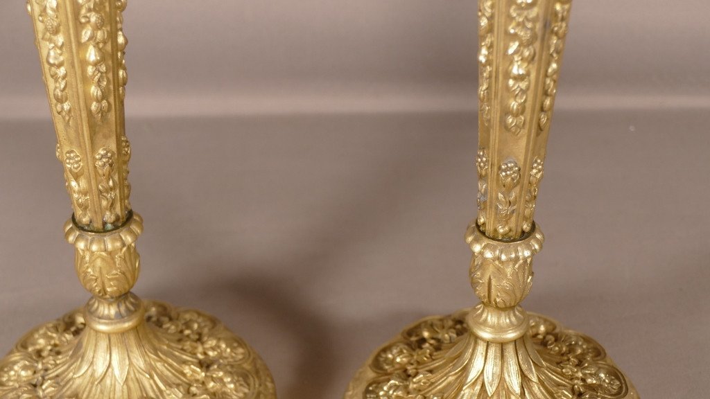 Pair Of Bronze Candlesticks Chiseled With Flowers, Restoration Period, 19th Century-photo-1