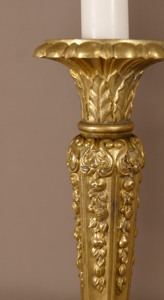 Pair Of Bronze Candlesticks Chiseled With Flowers, Restoration Period, 19th Century-photo-3