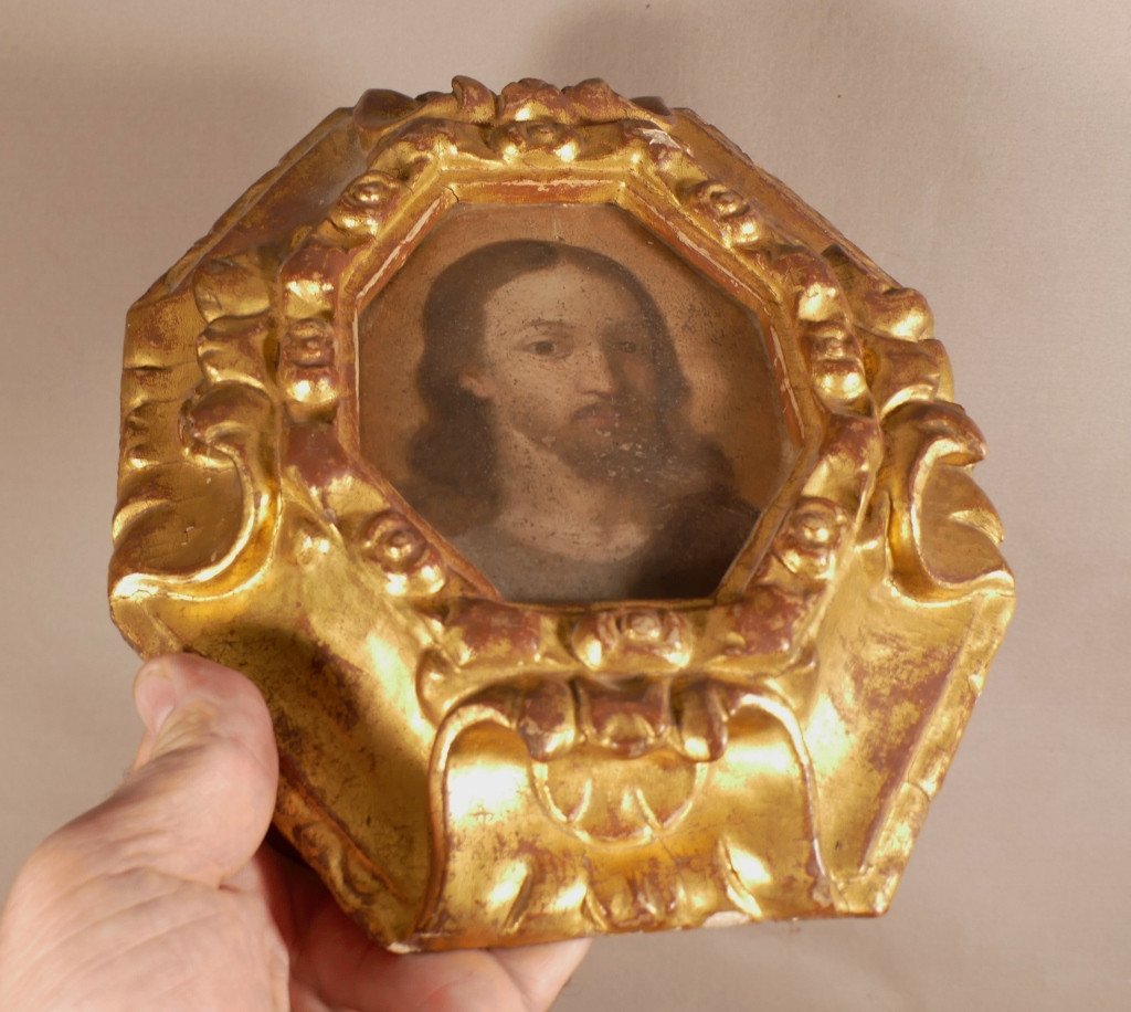Portrait Du Christ Dans Cadre En Bois Sculpté Et Doré d'époque Fin XVI ème, Début XVII ème -photo-1