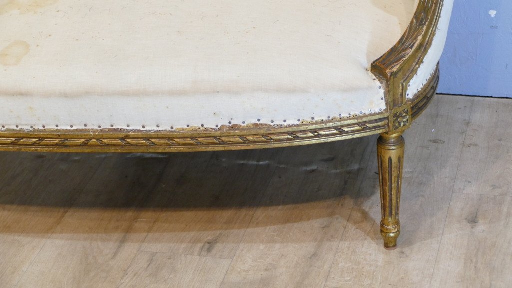 Canapé Corbeille De Style Louis XVI En Bois Patiné Doré, époque XIX ème Siècle-photo-2
