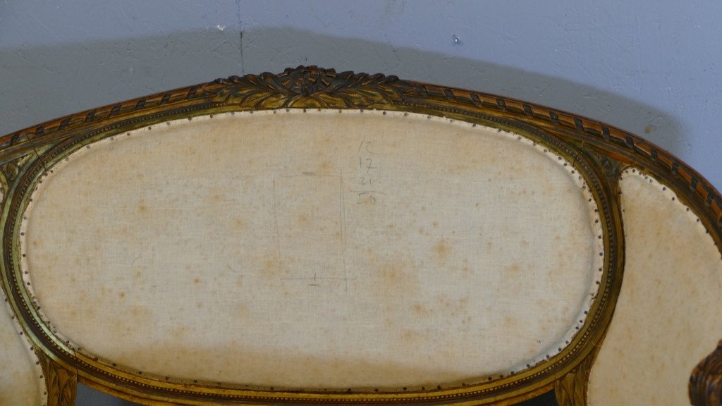 Canapé Corbeille De Style Louis XVI En Bois Patiné Doré, époque XIX ème Siècle-photo-3