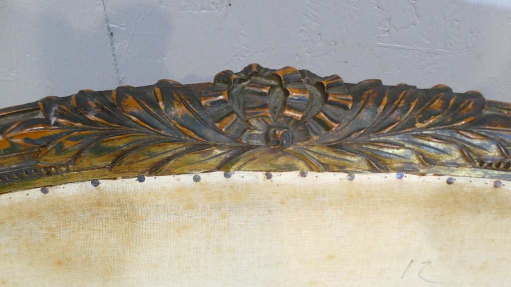 Canapé Corbeille De Style Louis XVI En Bois Patiné Doré, époque XIX ème Siècle-photo-2