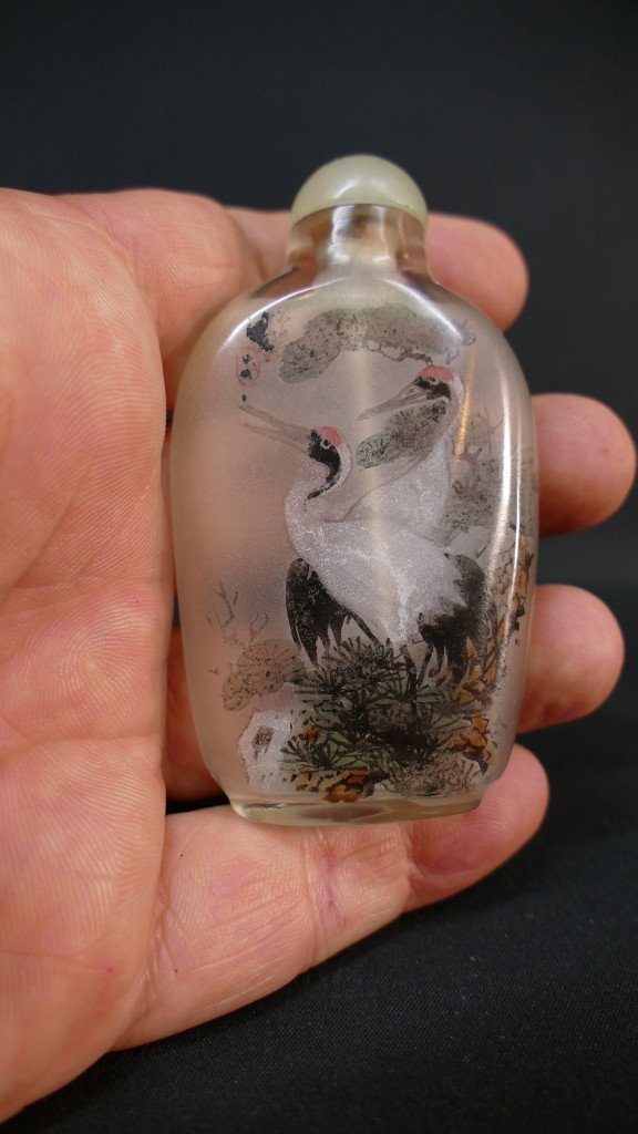 Snuff Bottle, Chinese Snuff Bottle In Painted Glass Inside, Crane Decor, Early 20th Century-photo-2