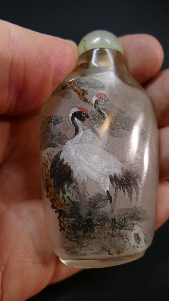 Snuff Bottle, Chinese Snuff Bottle In Painted Glass Inside, Crane Decor, Early 20th Century-photo-3