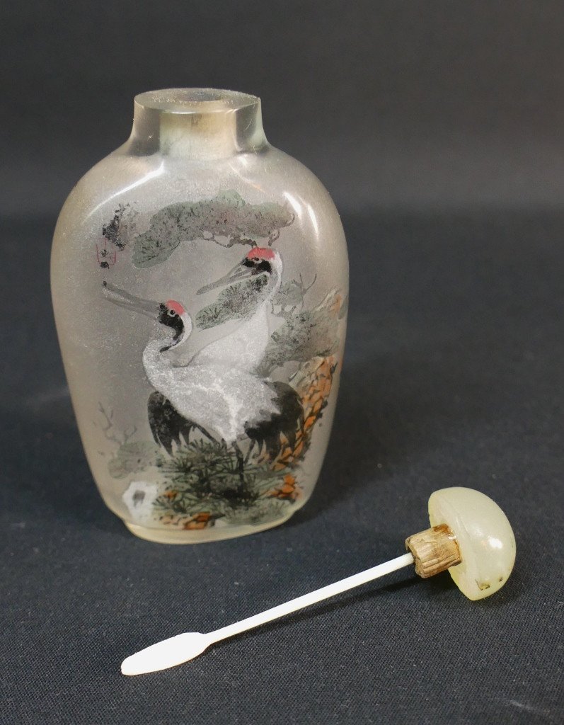 Snuff Bottle, Chinese Snuff Bottle In Painted Glass Inside, Crane Decor, Early 20th Century-photo-4