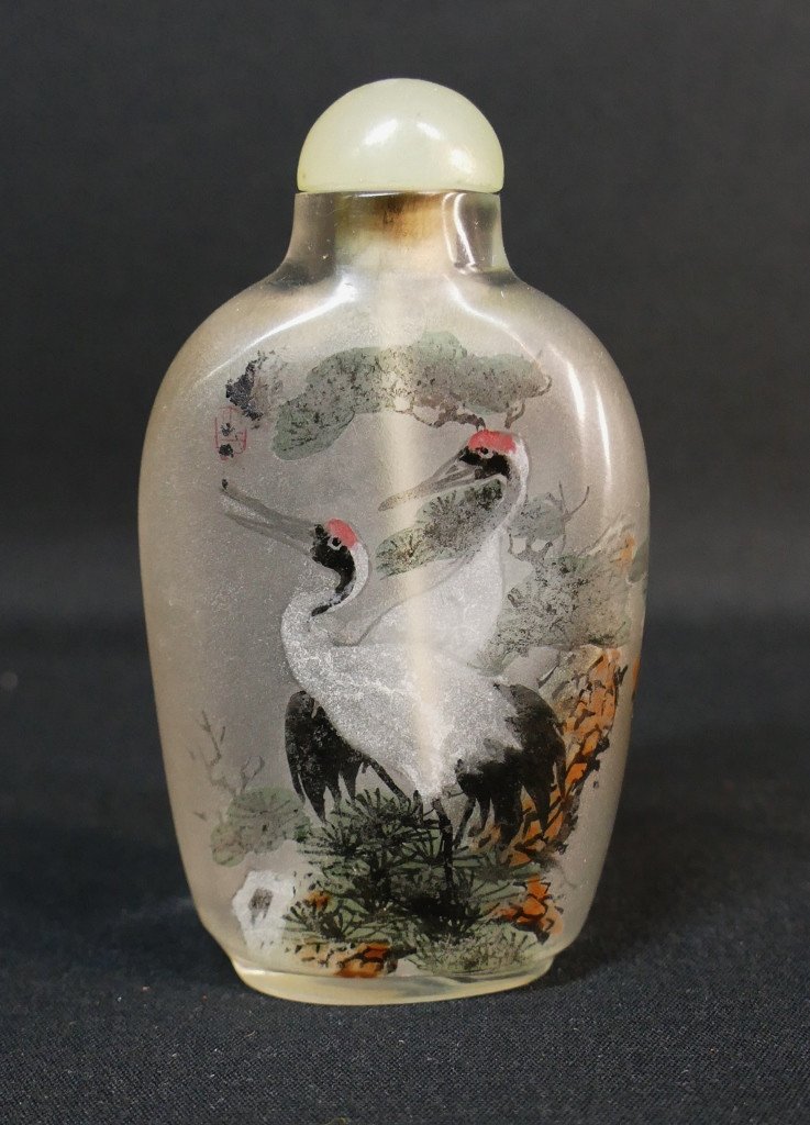 Snuff Bottle, Chinese Snuff Bottle In Painted Glass Inside, Crane Decor, Early 20th Century