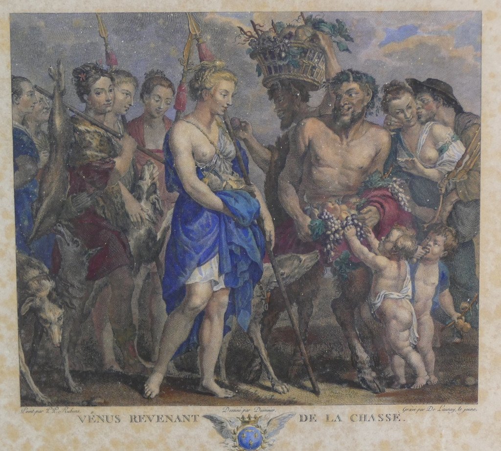 Vénus Returning From The Hunt, 18th Century Colored Engraving By De Launay After Rubens-photo-2