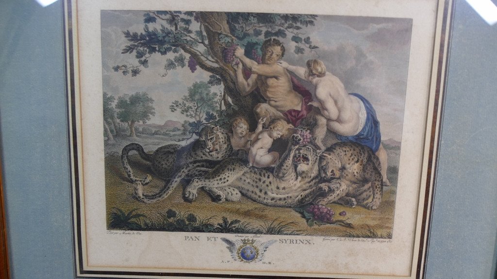 Pan And Syrinx, 18th Century Colored Engraving By Cn Varin After Martin De Vos-photo-2