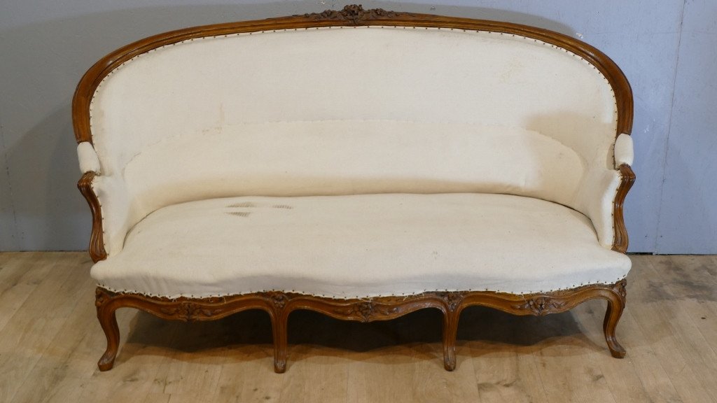 Large Louis XV Sofa In Carved Oak, 3 Seaters, 19th Century