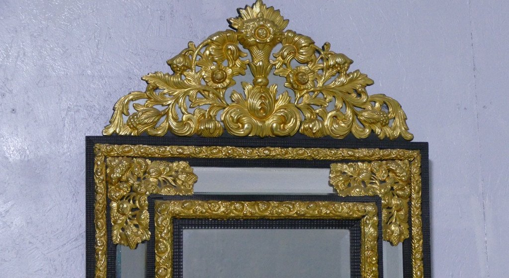 Miroir à Parecloses Style Louis XIII En ébène Et Laiton Doré, époque Napoléon III-photo-2