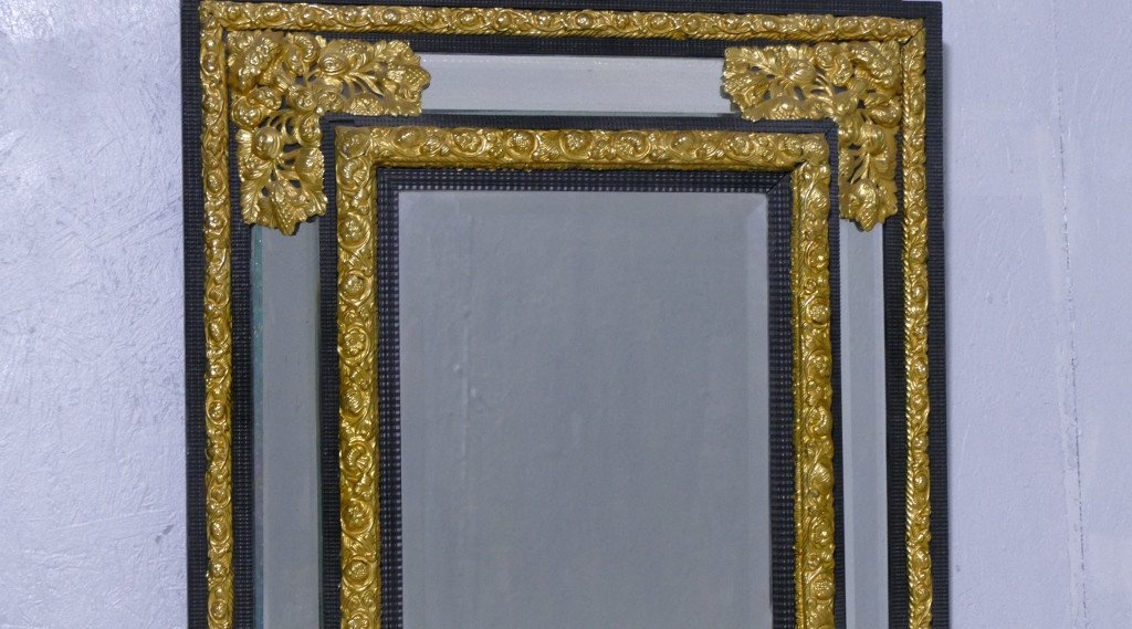 Miroir à Parecloses Style Louis XIII En ébène Et Laiton Doré, époque Napoléon III-photo-3