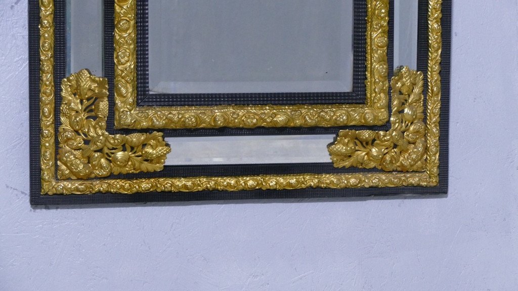 Miroir à Parecloses Style Louis XIII En ébène Et Laiton Doré, époque Napoléon III-photo-4