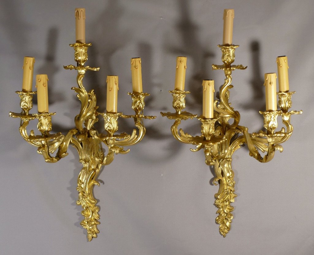 Pair Of Large Louis XV Sconces With 5 Lights In Gilt Bronze Napoleon III Period-photo-2