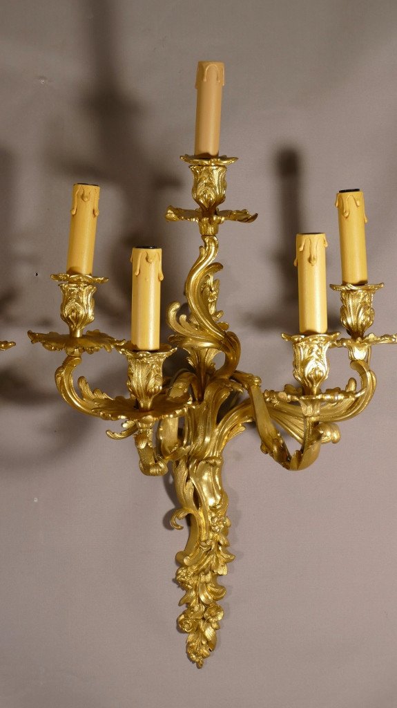 Pair Of Large Louis XV Sconces With 5 Lights In Gilt Bronze Napoleon III Period-photo-3