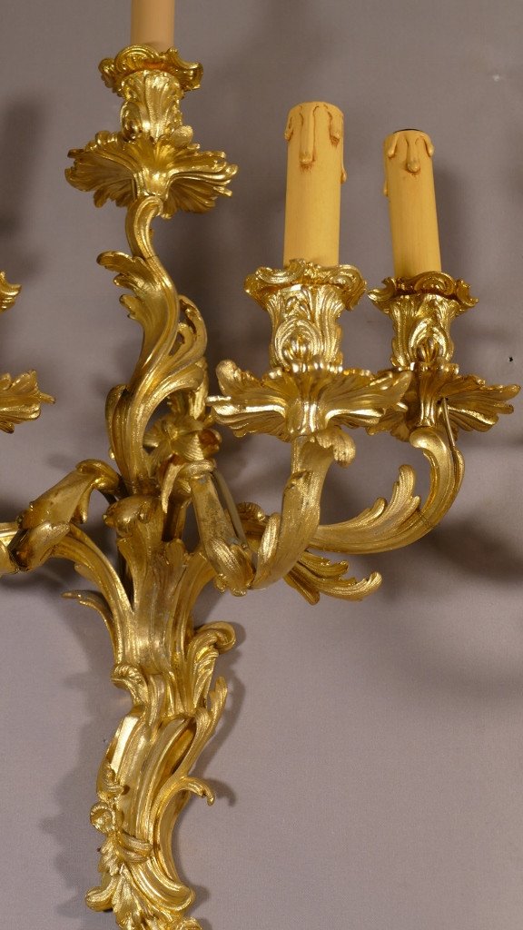 Pair Of Large Louis XV Sconces With 5 Lights In Gilt Bronze Napoleon III Period-photo-4