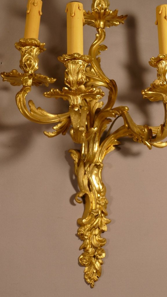 Pair Of Large Louis XV Sconces With 5 Lights In Gilt Bronze Napoleon III Period-photo-5