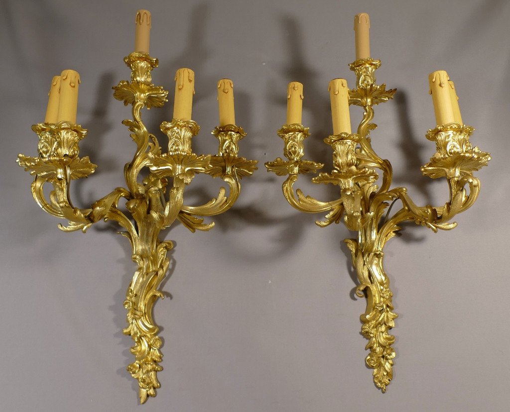 Pair Of Large Louis XV Sconces With 5 Lights In Gilt Bronze Napoleon III Period