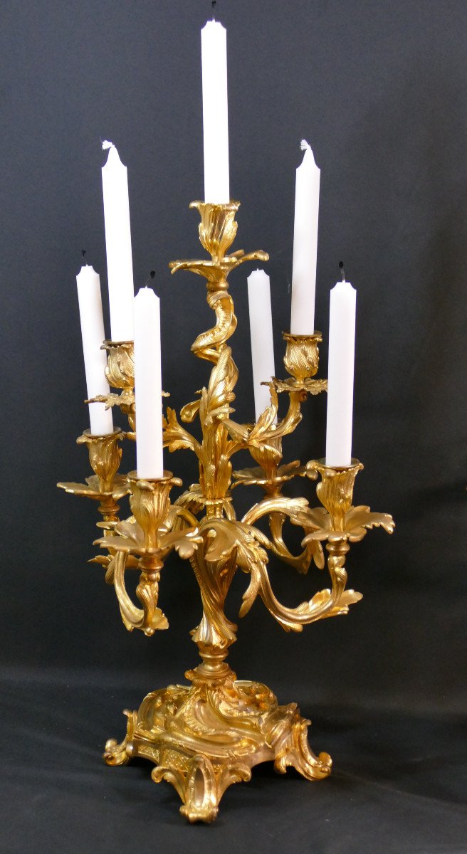 Pair Of Large Louis XV Style Candelabra In The Caffieri Taste In Gilt Bronze, 19th Century-photo-2