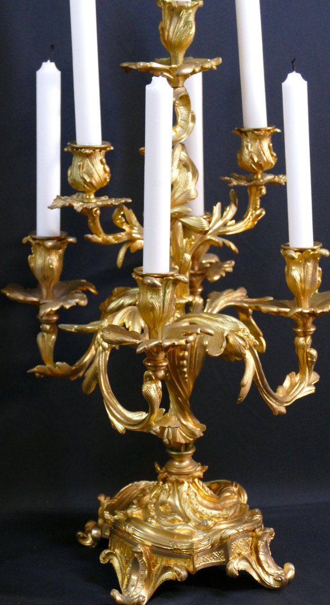 Pair Of Large Louis XV Style Candelabra In The Caffieri Taste In Gilt Bronze, 19th Century-photo-4