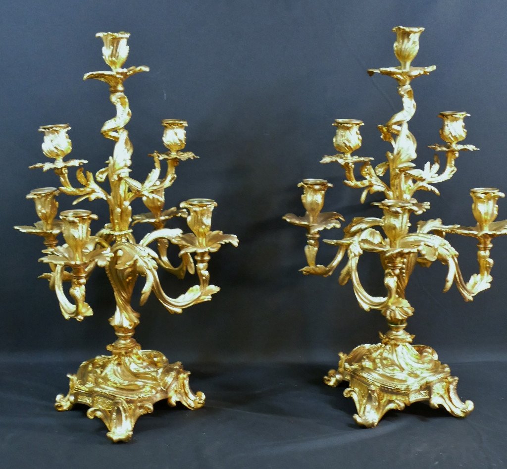 Pair Of Large Louis XV Style Candelabra In The Caffieri Taste In Gilt Bronze, 19th Century-photo-1