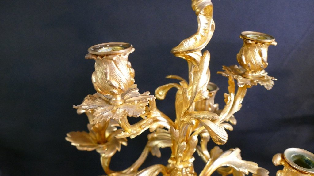 Pair Of Large Louis XV Style Candelabra In The Caffieri Taste In Gilt Bronze, 19th Century-photo-3