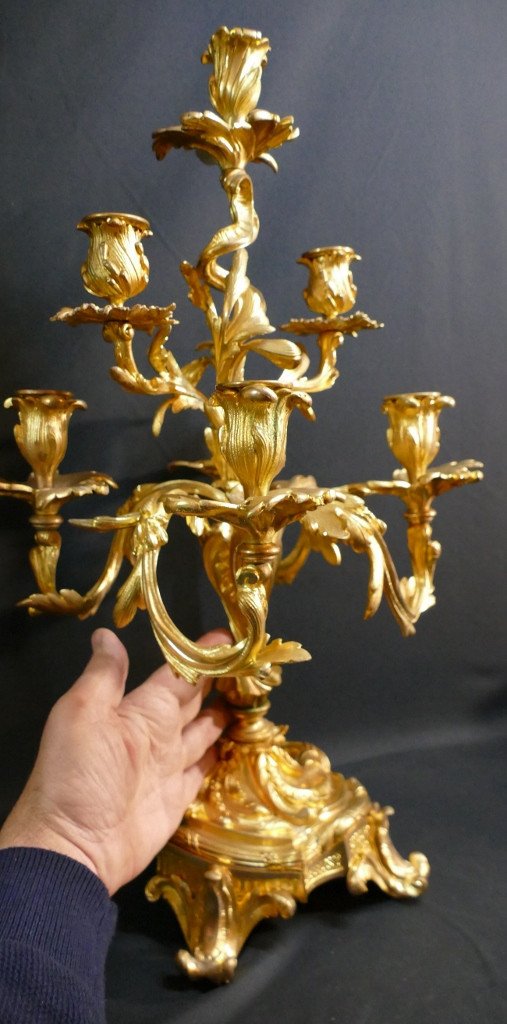 Pair Of Large Louis XV Style Candelabra In The Caffieri Taste In Gilt Bronze, 19th Century-photo-7