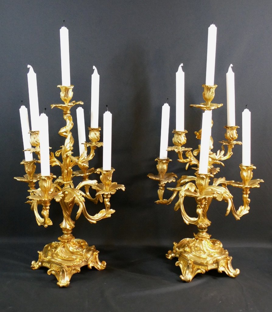 Pair Of Large Louis XV Style Candelabra In The Caffieri Taste In Gilt Bronze, 19th Century