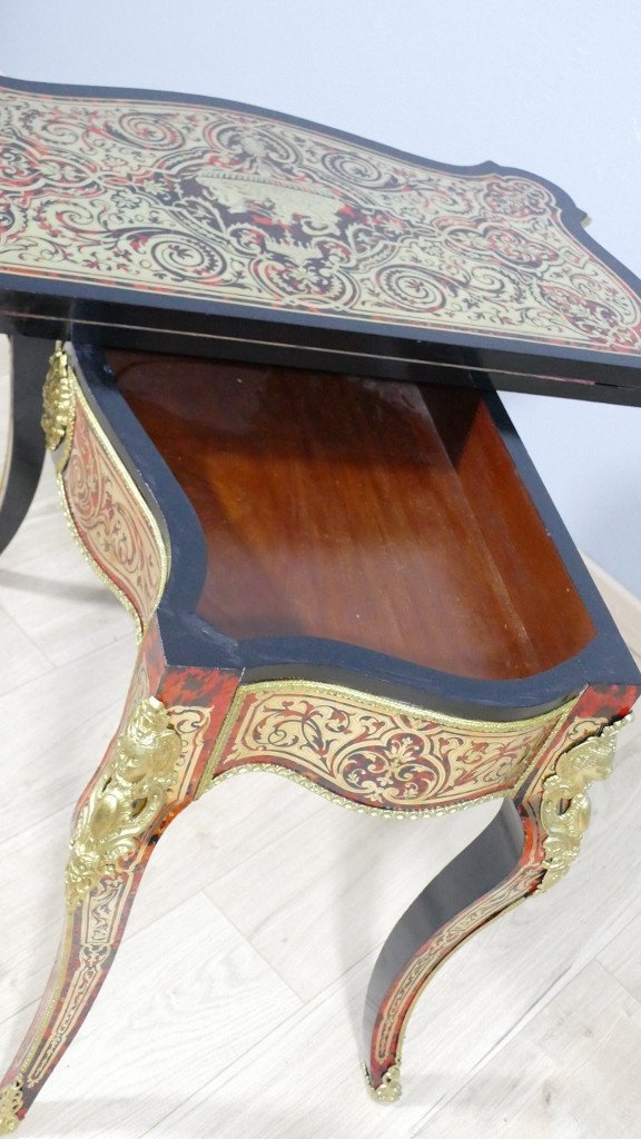 Console Table à Jeux Marqueterie Boulle Napoléon III écaille De Tortue, Laiton Et Bronze XIX èm-photo-7