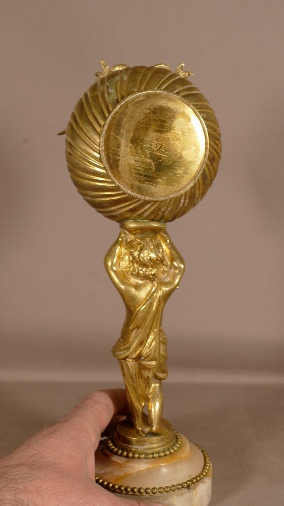Pendulette En Bronze Doré, Chérubin Soutenant Le Globe, Style Louis XVI, Vers 1900-photo-3