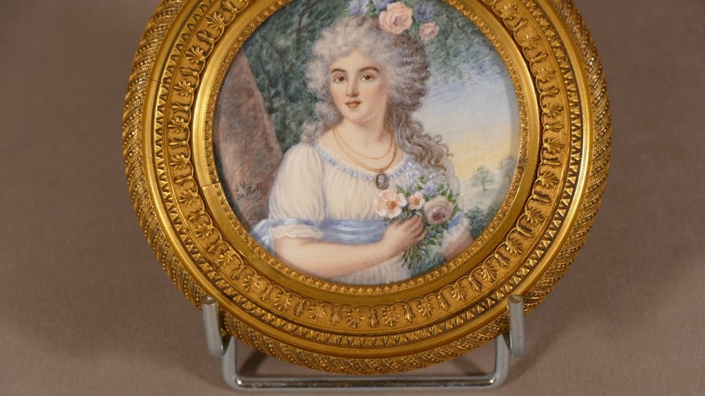d'Après Pa Hall, Portrait Miniature  Jeune Femme Au Bouquet De Roses, Cadre Bronze-photo-3