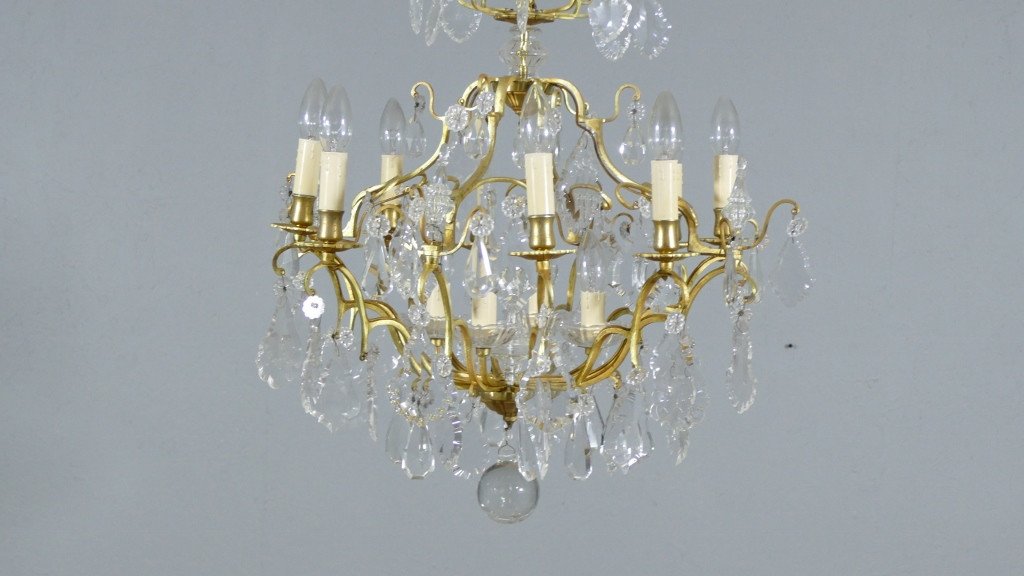 Cage Chandelier With 12 Lights In Bronze, Glass And Crystal, Mid-20th Century-photo-2