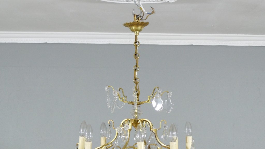 Cage Chandelier With 12 Lights In Bronze, Glass And Crystal, Mid-20th Century-photo-3