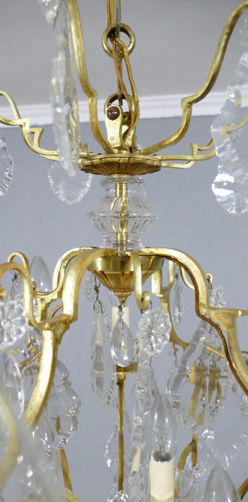Cage Chandelier With 12 Lights In Bronze, Glass And Crystal, Mid-20th Century-photo-4