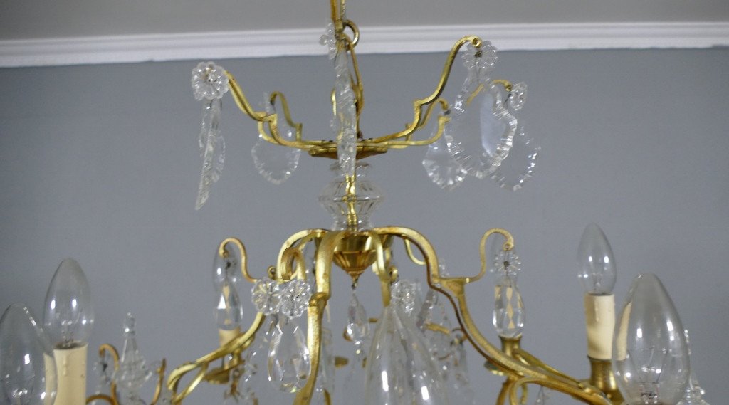 Cage Chandelier With 12 Lights In Bronze, Glass And Crystal, Mid-20th Century-photo-5