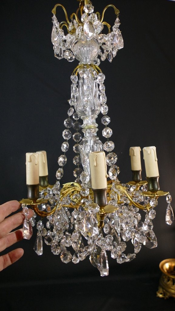 Small Chandelier With 6 Lights In Gilt Bronze And Crystal Tassels, Early 20th Century-photo-1