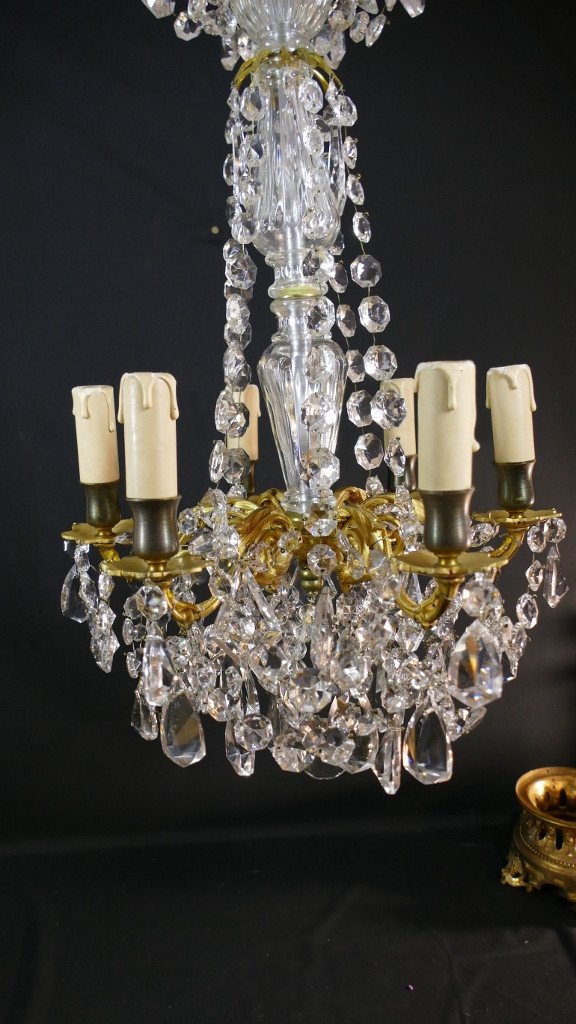 Small Chandelier With 6 Lights In Gilt Bronze And Crystal Tassels, Early 20th Century-photo-2