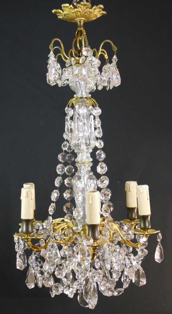 Small Chandelier With 6 Lights In Gilt Bronze And Crystal Tassels, Early 20th Century