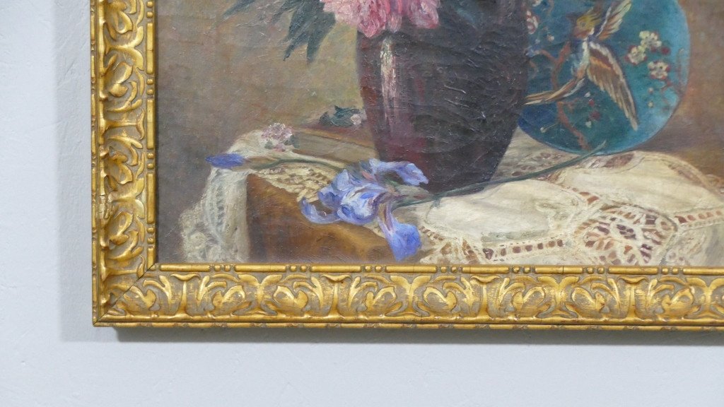 Tableau, Bouquet De Pivoine, Iris Sur Entablement Et Plat Théodore Deck, époque XIX ème -photo-4