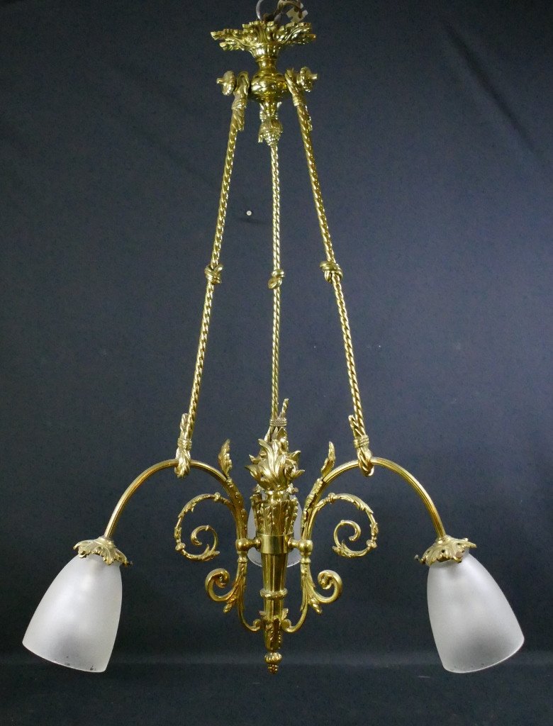 Louis XVI Style Torch Chandelier In Gilt Bronze And Frosted Glass, Circa 1920
