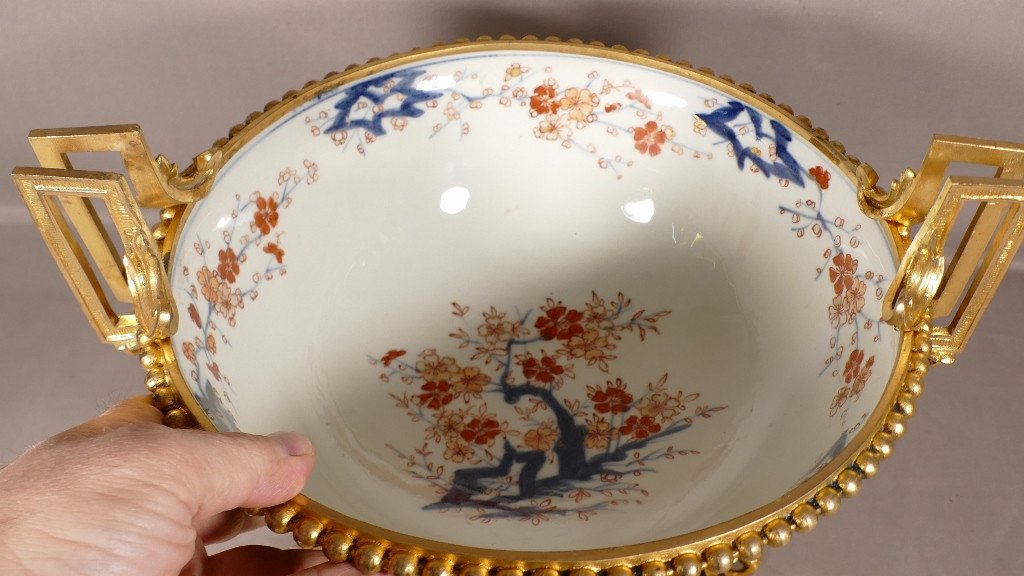  Centre De Table, Grande Coupe  Porcelaine Imari Et Bronze Doré, Napoléon III, XIX ème -photo-3