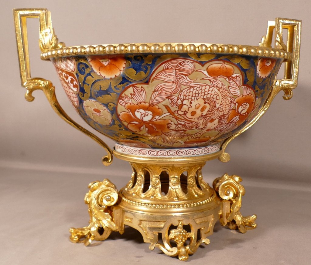  Centre De Table, Grande Coupe  Porcelaine Imari Et Bronze Doré, Napoléon III, XIX ème -photo-6
