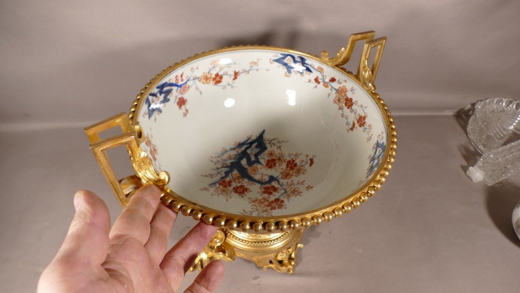  Centre De Table, Grande Coupe  Porcelaine Imari Et Bronze Doré, Napoléon III, XIX ème -photo-8