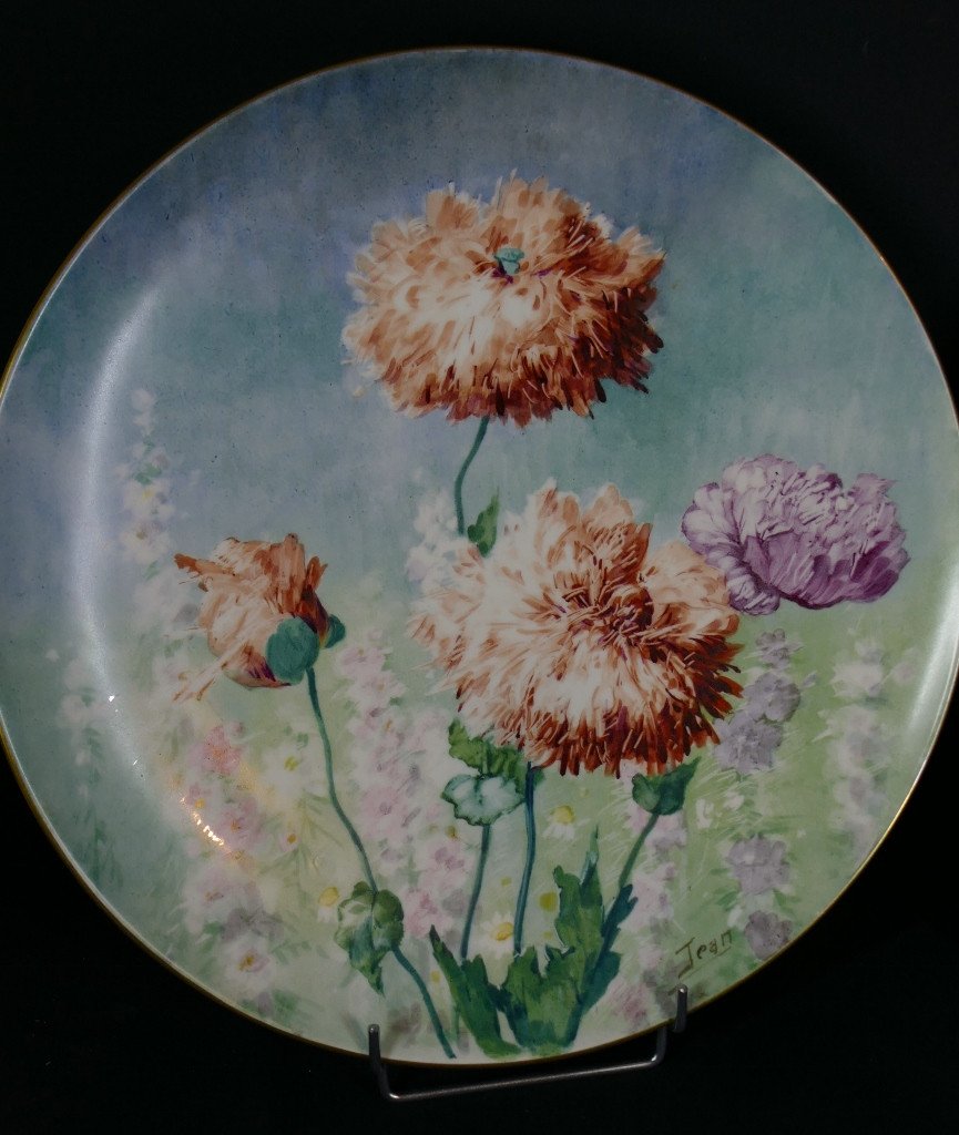 Poppies And Hollyhocks, Pair Of Large Limoges Porcelain Dishes, Delinières Late 19th Century-photo-2