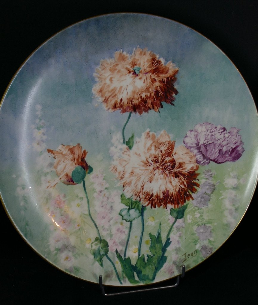 Pavots Et Roses Trémières, Paire De Grands Plats En Porcelaine De Limoges, Delinières Fin XIX -photo-2