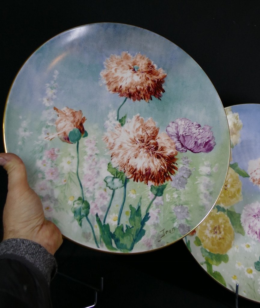 Pavots Et Roses Trémières, Paire De Grands Plats En Porcelaine De Limoges, Delinières Fin XIX -photo-6