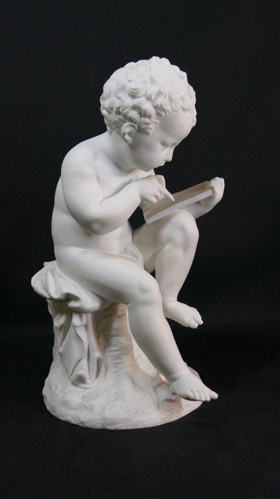 Biscuit Sculpture, Child Writing, Sèvres, After Charles-gabriel Sauvage, 19th Century-photo-1