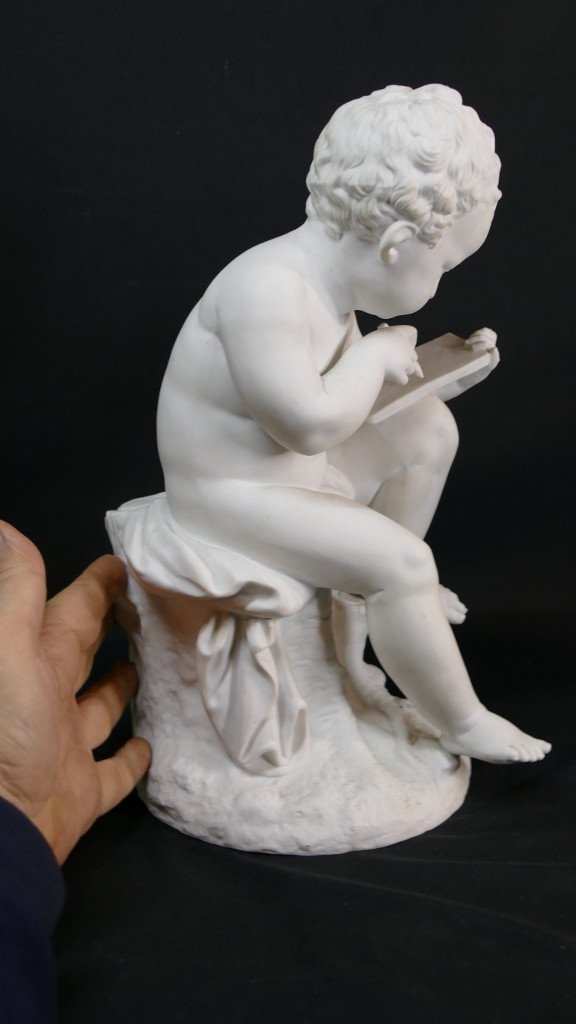 Biscuit Sculpture, Child Writing, Sèvres, After Charles-gabriel Sauvage, 19th Century-photo-5